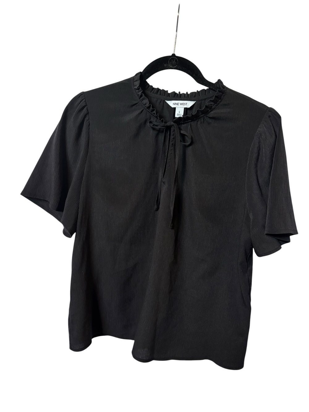 Nine West Black Tie Front Blouse Large Short Sleeve Work Business Casual Top